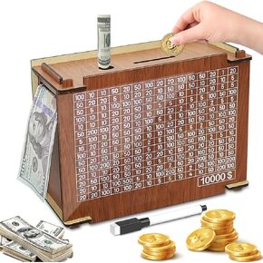 10000 مربع تحدي التوفير ، بالإضافة إلى Kakeibo Money Box Cashbox ، 10K Cash Vault Wooden Savings Smash ، Caja de Ahorros 10000 Money Target Saver Box (10000 $)