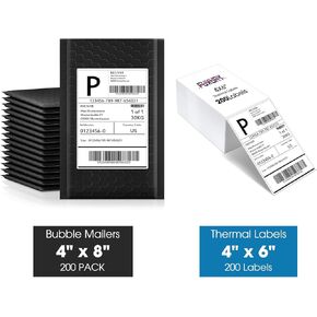 Fuxury Bubble Mailers 4x8" 200 Pack Black Padded Envelopes + Thermal Labels 4x6 200 Labels Fanfold Direct Shipping Labels, for Small Business Mailing Shipping Supplies