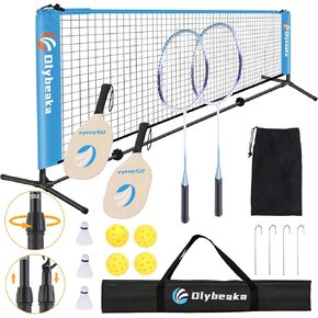 14ft Portable Badminton Net Pickleball Net Height Adjustable Kids' Volleyball Net Set for Backyard Beach Driveway Include 4 Aluminum Badminton Rackets + 2 Pickleball Paddles