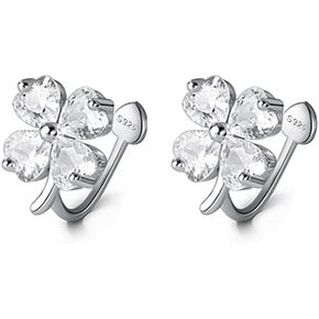 Reffeer Solid 925 Sterling Silver Cubic Zirconia Flower Clip On Earrings Ear Cuffs for Women Girls Flower Clover Cuff Earrings Non Piercing Wraps