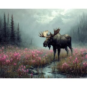 Svinoiler DIY Paint بأرقام للمبتدئين للبالغين ، Moose Trail في Mist ، الطلاء بواسطة أرقام مجموعة الكلاب بأرقام للبالغين ، 16 "× 20"