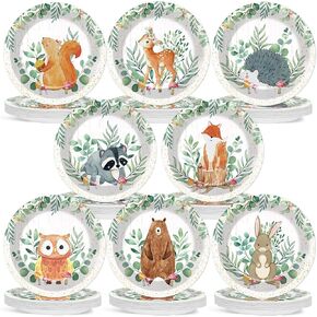 Zoiiwa 64pcs Woodland Baby Shower Party Party Safari Jungle Wild Animal Thief Paper Paper Mathwaring Plate مجموعة حيوانات غابة مائية من أجل الجنس المحايد تكشف
