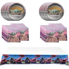 Baby Yoda Party Supplies 41Pack include 20 plates, 20 napkins Tablecloth for Baby Yoda birthday party decoration