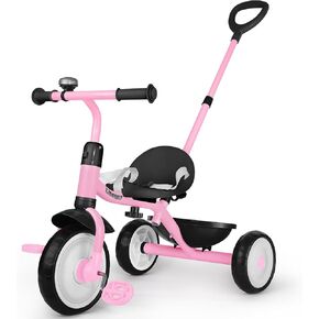 Liberry 2 in 1 Toddler Tricycle Age 2 3 4 Years Old, Kids Trike with Adjustable Push Handle, Bell & Basket, 3 Wheel Bike Riding Toy Birthday for Girls Boys, Light Pink