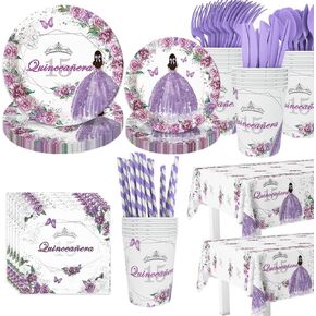 194pcs زخارف Quinceanera ديكورات عيد ميلاد 15 لوحات حفلات الحفلات ، الكأس ، منديل ، مفرش المائدة ، أدوات المائدة ، لوحات حفلات عيد ميلاد الأرجواني القابلة للتخلص