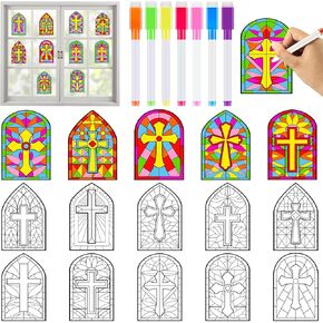 Qyeahkj 30 مجموعة عيد الفصح الفنون الحرف اليدوية للأطفال المسيحيين الدينيين Suncatchers Kit DIY تلوين نافذة ملصق ملصق مع علامات عيد الفصح هدية للأطفال
