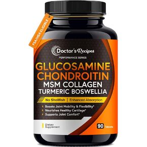 Doctor's Recipes Glucosamine Chondroitin MSM Turmeric Quercetin, Joint Support Supplement for Men & Women, with Black Pepper for High Absorption, Complete Joint Care, No Shellfish, 90 Tablets