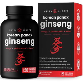 NutraChamps Korean Red Panax Ginseng Capsules | Extra Strength Ginsenosides for Energy, Focus, Performance, Vitality & Immune Support | Korean Red Ginseng Root Extract Powder Supplement | Vegan Pills
