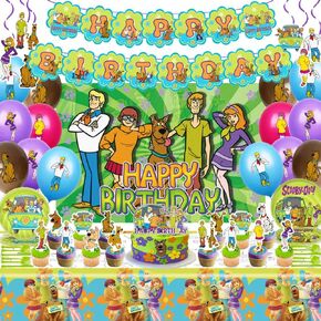 SCOOBY DOG DOO DOO Party Party Supplies ، بما في ذلك لافتة عيد الميلاد ، مفرش المائدة ، الخلفية ، الدوامات المعلقة ، البالونات ، القبعات العليا ، الأطباق ، الشوك ، ملاعق لإمدادات حفلة الكلاب