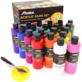 ABEIER Large Bulk Acrylic Paint Set, 20 Colors (250 ml/8.45 fl oz), Matte Finish, Rich Pigments, Non-Toxic Paints for Painting on Canvas Crafts Wood Ceramic, Ideal for Beginners and Students