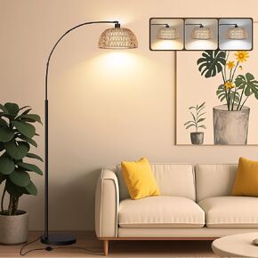 Rottogoon Arc Rattan Floor Lamps لغرفة المعيشة مع 3 درجات حرارة ملونة ، مصابيح أرضية بوهو مع مفتاح القدم ، مزرعة بوهيمية تقف مصابيح طويلة لغرفة النوم ، المكتب ، المصباح ، 9W ، أسود ، أسود