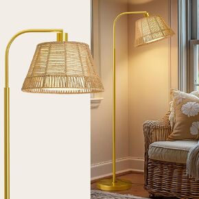 Oneach Arc Floor Lamp for Living Room,Rattan Boho Floor Lamp with Hand-Woven Wicker & Fabric Shade, Foot Switch,Gold Metal Base & Pole,Farmhouse Standing Lamp for Bedroom Corner,Office,Reading