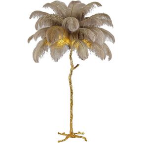 Natural Ostrich Feather Floor Lamp, Modern LED Dimmable Standing Lamp, Romantic Princess Bedroom Reading Tall Corner Lamp for Living Room, Dining Room and Office (120cm, Brown)