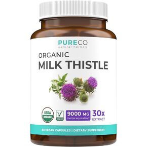 USDA Organic Milk Thistle Capsules - 80% Silymarin - 9,000mg of Milk Thistle Seed Extract - Supports Liver Cleanse, Liver Detox, & Liver Health - Vegan Supplement - 2 Month Supply - 60 Pills (No Oil)