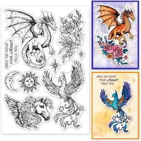 Globleland الحيوانات السحرية للحيوانات السيليكون واضحة الطوابع Dragon Phoenix Flying Horse Seals شفافة لتصنيع البطاقات DIY Scrapbooking Journaling Decoration 11x16cm/4.3x6.3in