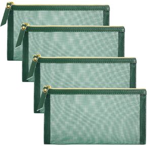 3pcs Mesh Cosmetic Bags, Nylon Makeup Pouches with Leather Pull and Golden Zipper for Purse Diaper Bag (Emerald Green)