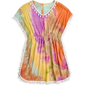 Milumia Girl's Cute Tie Dye Beach Coverups Pompom Trim Swimsuit Swimwear Cover Up