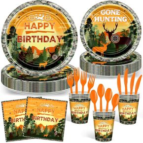 Avezano 168 PCS Hunting Camo Birthday Party Decorations Camo Deer Birthday Tablemon Set Gone Hunting Birthday Party Forms for Kids ، يقدم 24
