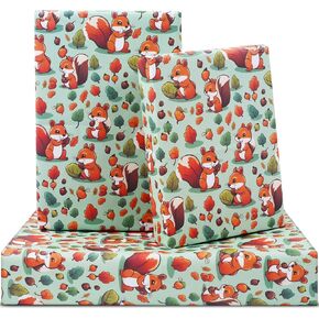 ورقة تغليف السنجاب Nepog للبنين البنات ، اللطيف اللطيف الذي يلتقط Acorn Autumn Green Leaves Woodland Gift Paper 6 Sheets Flat