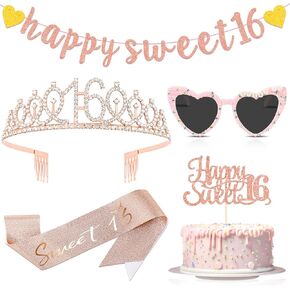Jagely 5 PCS Silver Sweet 16 Decortations تشمل Sweet 16 Crown Tiara و Sash ، ونظارات شمسية القلب ، ولافتات Happy Gleit
