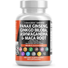 Panax Ginseng 10000mg Ginkgo Biloba 4000mg Ashwagandha Maca Root 3000mg - Focus Supplement Pills for Women and Men with Pine Bark Extract, Garlic, and Saw Palmetto - Made in USA Brain Health 60 Caps