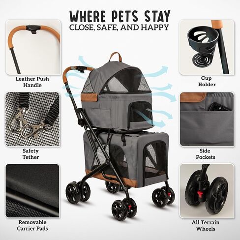 Double Pet Stroller with Detachable Carriers - Ideal for 2 Dogs or Cats - Compact & Convenient Design - Easy Assembly Double Dog Stroller - Cosmic Beige in Saudi Arabia