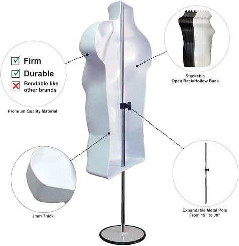 2 Pack Male Mannequin Torso with Stand Dress Form Tshirt Display Countertop Hollow Back Body S-M Clothing Sizes Black in Saudi Arabia