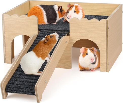 Wooden Guinea Pig Hideout Castle with Stairs,Small Animal Bed Hut Habitats Spacious 2-Level Detachable Small Pet House for Rabbits, Hamsters & Chinchillas Bunny (Grey) in Saudi Arabia