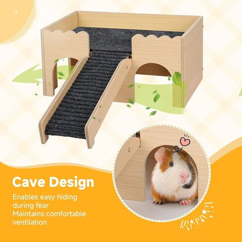Wooden Guinea Pig Hideout Castle with Stairs,Small Animal Bed Hut Habitats Spacious 2-Level Detachable Small Pet House for Rabbits, Hamsters & Chinchillas Bunny (Grey) in Saudi Arabia