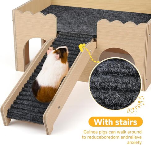 Wooden Guinea Pig Hideout Castle with Stairs,Small Animal Bed Hut Habitats Spacious 2-Level Detachable Small Pet House for Rabbits, Hamsters & Chinchillas Bunny (Grey) in Saudi Arabia