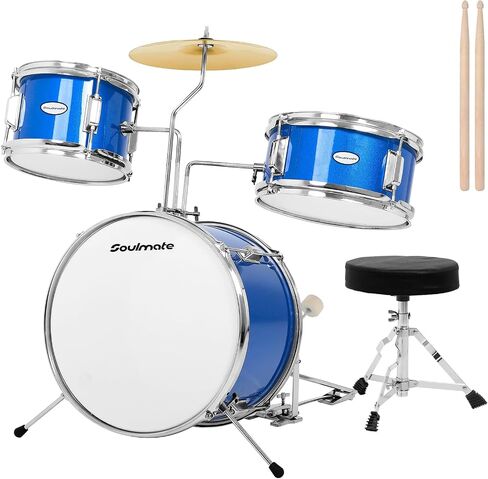 Soulmate Kids Drum Set 3-Piece 14 in Beginner Drum Set with Adjustable Throne, Cymbal, Pedal,8'' Tom 10'' Snare 14'' Bass Drum, Starter Drum Kit For Child 3+ years old, Black in Kuwait