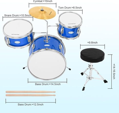 Soulmate Kids Drum Set 3-Piece 14 in Beginner Drum Set with Adjustable Throne, Cymbal, Pedal,8'' Tom 10'' Snare 14'' Bass Drum, Starter Drum Kit For Child 3+ years old, Black in Kuwait