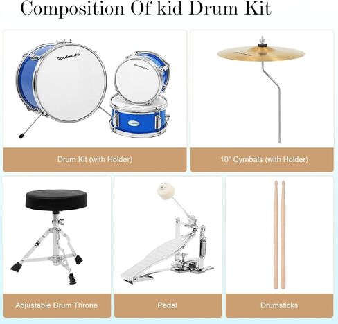 Soulmate Kids Drum Set 3-Piece 14 in Beginner Drum Set with Adjustable Throne, Cymbal, Pedal,8'' Tom 10'' Snare 14'' Bass Drum, Starter Drum Kit For Child 3+ years old, Black in Kuwait