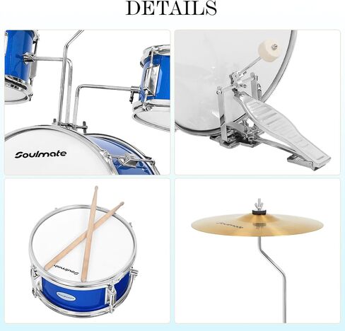 Soulmate Kids Drum Set 3-Piece 14 in Beginner Drum Set with Adjustable Throne, Cymbal, Pedal,8'' Tom 10'' Snare 14'' Bass Drum, Starter Drum Kit For Child 3+ years old, Black in Kuwait