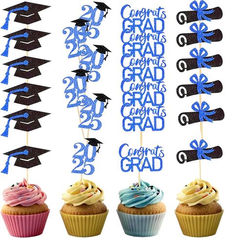 التخرج Cupcake Toppers 2025 تخرج كعكة القبعات العليا لزخارف الحفلات في كلية الثانوية العليا 24 مساءً (أسود وأزرق) in Kuwait