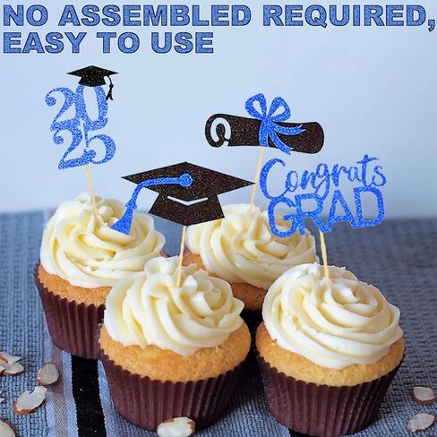 التخرج Cupcake Toppers 2025 تخرج كعكة القبعات العليا لزخارف الحفلات في كلية الثانوية العليا 24 مساءً (أسود وأزرق) in Kuwait