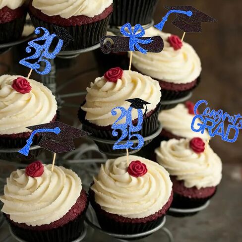 التخرج Cupcake Toppers 2025 تخرج كعكة القبعات العليا لزخارف الحفلات في كلية الثانوية العليا 24 مساءً (أسود وأزرق) in Kuwait