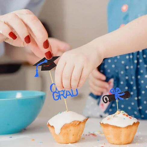 التخرج Cupcake Toppers 2025 تخرج كعكة القبعات العليا لزخارف الحفلات في كلية الثانوية العليا 24 مساءً (أسود وأزرق) in Kuwait