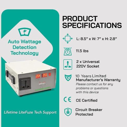 LiteFuze 5000 Watt محول الجهد الكهربي خطوة لأعلى / لأسفل - 110 فولت إلى 220 فولت / 220 فولت إلى 110 فولت محول طاقة - سلك مؤرض بالكامل في الولايات المتحدة الأمريكية - مقبس مخرج عالمي، 2 منافذ أمريكية - معتمدة من CE in Kuwait
