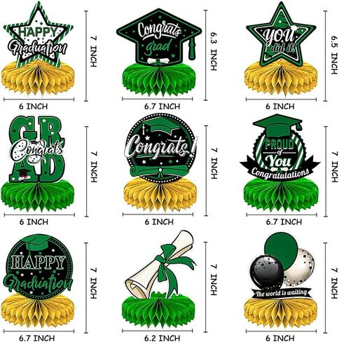 9pcs Graduation Honeycomb Centerpieces for Tables 2025, Green Class of 2025 Congrats Grad Honeycomb Centerpieces Graduation Party Decor Graduation Table Toppers for Graduation Party Favor Supplies in Kuwait