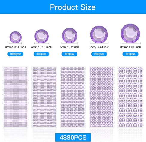 4880Pcs Rhinestone Stickers,5Sizes Self Adhesive Rhinestone Gem Stickers for Face Crystal Hair Gems Rhinestone Bling Rhinestones Stickers Jewelry Stickers for Makeup,DIY Crafts (Light Purple) in Saudi Arabia