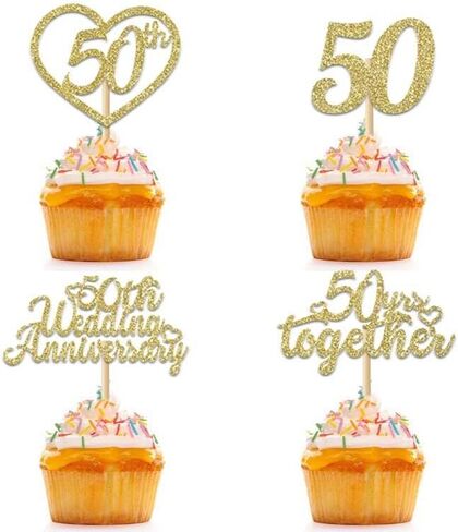 24Pcs 50th Wedding Anniversary Cupcake Toppers Gold Glitter 50th Golden Heart Cupcake Picks for Celebration 50 Golden Wedding Anniversary Party Supplies in Kuwait