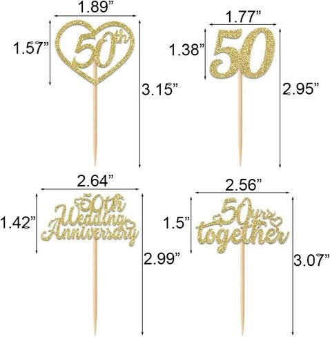 24Pcs 50th Wedding Anniversary Cupcake Toppers Gold Glitter 50th Golden Heart Cupcake Picks for Celebration 50 Golden Wedding Anniversary Party Supplies in Kuwait
