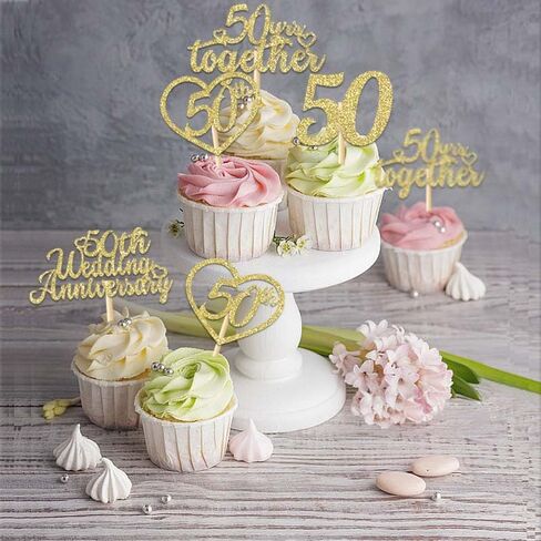 24Pcs 50th Wedding Anniversary Cupcake Toppers Gold Glitter 50th Golden Heart Cupcake Picks for Celebration 50 Golden Wedding Anniversary Party Supplies in Kuwait