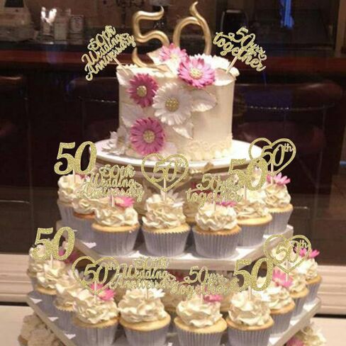 24Pcs 50th Wedding Anniversary Cupcake Toppers Gold Glitter 50th Golden Heart Cupcake Picks for Celebration 50 Golden Wedding Anniversary Party Supplies in Kuwait