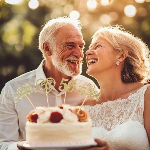 24Pcs 50th Wedding Anniversary Cupcake Toppers Gold Glitter 50th Golden Heart Cupcake Picks for Celebration 50 Golden Wedding Anniversary Party Supplies in Kuwait