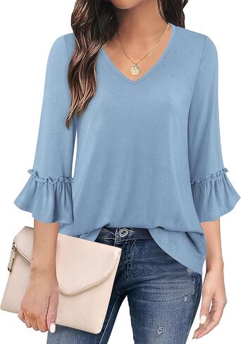 بلوزات ميسيك للنساء كاجوال أنيقة بطول 3/4 وأكمام جرس ورقبة على شكل حرف V وتي شيرت تونيك in Kuwait