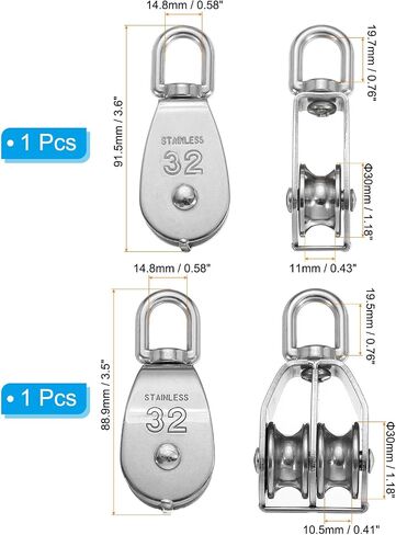 PATIKIL M25 Pulley Block, 2 Pack Single Pulley & Double Pulley 304 Stainless Steel Heavy Wire Rope Hanging Wire Crane Rope Lifting Swivel Hook, Loading 150KG/331LBS in Kuwait