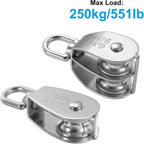 PATIKIL M25 Pulley Block, 2 Pack Single Pulley & Double Pulley 304 Stainless Steel Heavy Wire Rope Hanging Wire Crane Rope Lifting Swivel Hook, Loading 150KG/331LBS in Kuwait