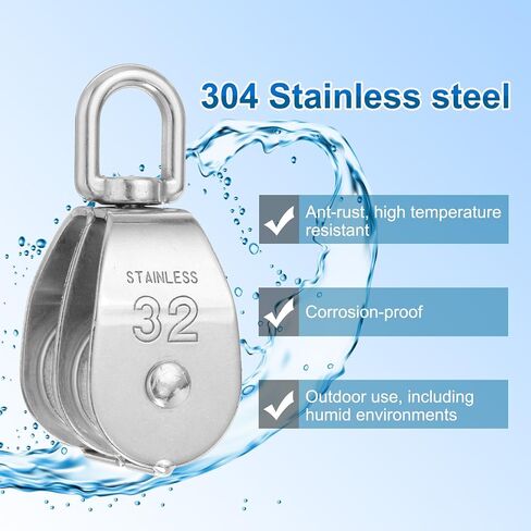 PATIKIL M25 Pulley Block, 2 Pack Single Pulley & Double Pulley 304 Stainless Steel Heavy Wire Rope Hanging Wire Crane Rope Lifting Swivel Hook, Loading 150KG/331LBS in Kuwait